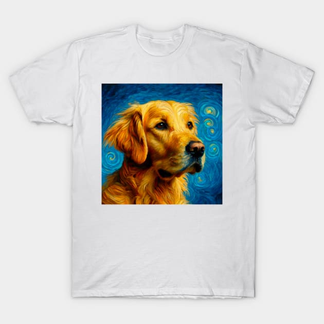 Patiently Waiting for Treats - Golden Retriever in Van Gogh Style, Labrador Retriever Doggo T-Shirt by Star Fragment Designs